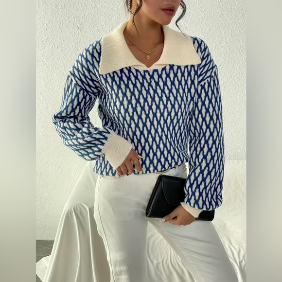 Sweaters - Women’s Allover Pattern Flat Collar Pullover Sweater Size: Various